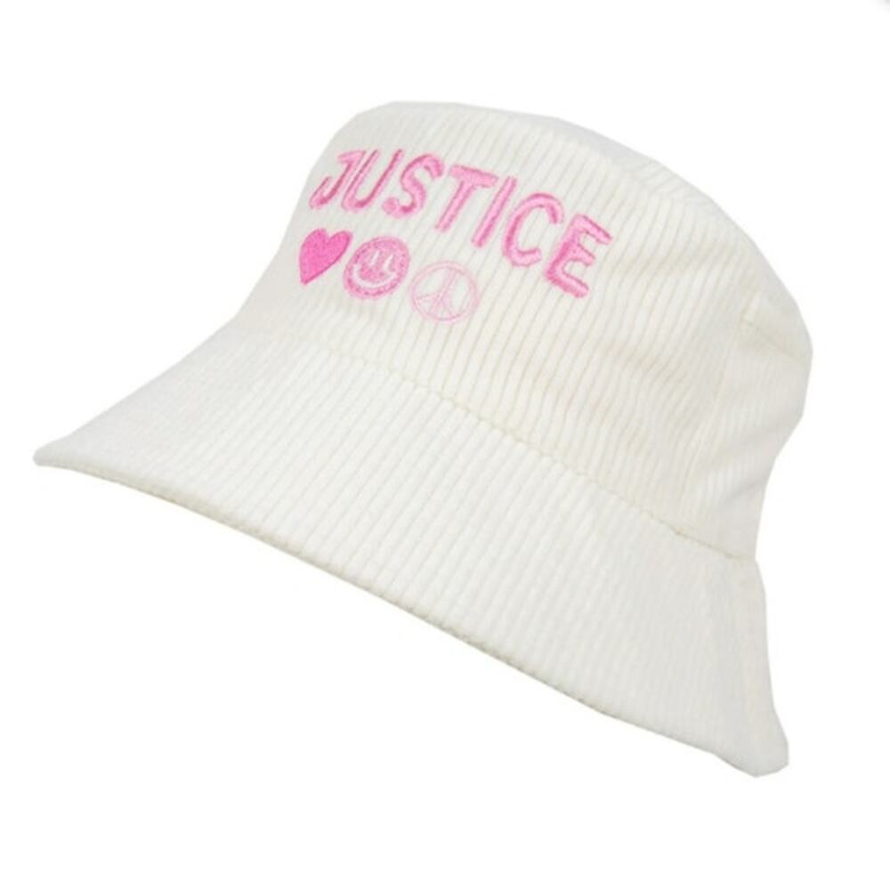 Justice Girls Bucket Style Hat White Corduroy‎ Pink Embroidery New with Tags
